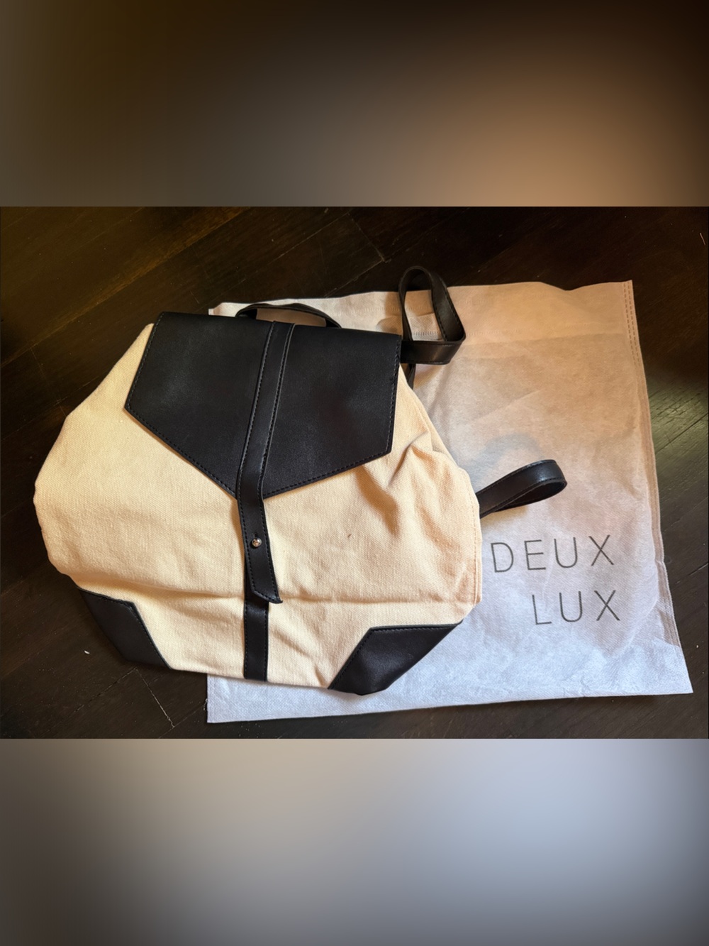 Deux Lux Black and Beige Canvas Backpack with Faux-Leather Trim